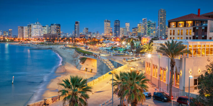 Cityscape image of Tel Aviv Israel during sunset.
