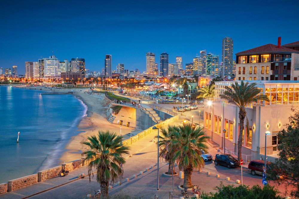 Cityscape image of Tel Aviv Israel during sunset.